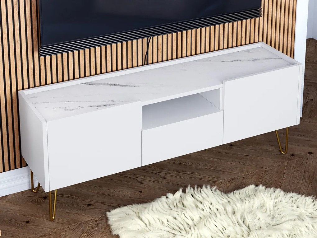 Τραπέζι Tv Lima M103 Άσπρο + Λευκό μάρμαρο, Άσπρο, Λευκό μάρμαρο, Ο αριθμός των θυρών: 2, Αριθμός συρταριών: 1, 144x55x37cm, 28 kg | Epipla1.gr