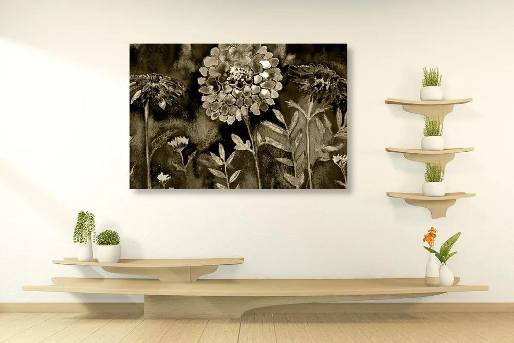 Εικόνα όμορφα λουλούδια σε σχέδιο σέπια - 120x80