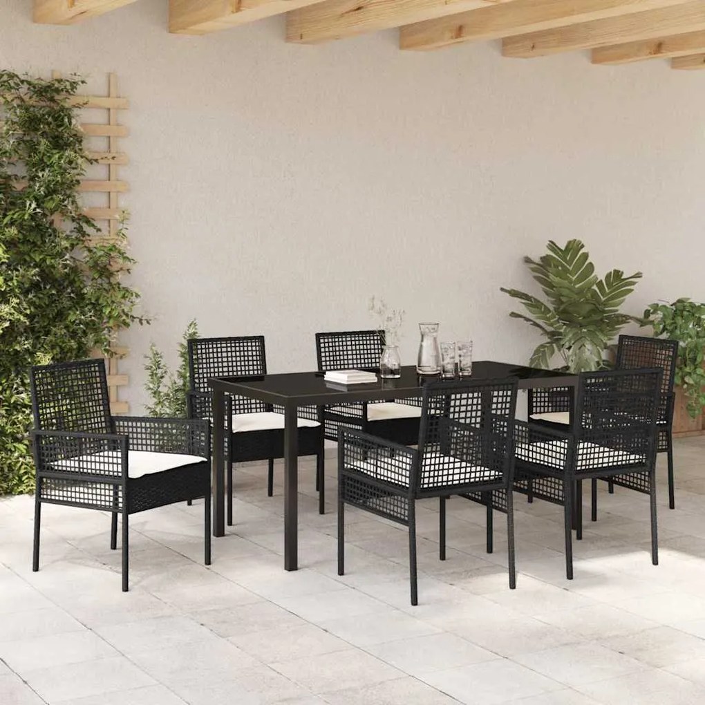 vidaXL Σέτ φαγητού για κήπο με μαξιλάρι 7 pcs Μαύρο Πολυ ράταν