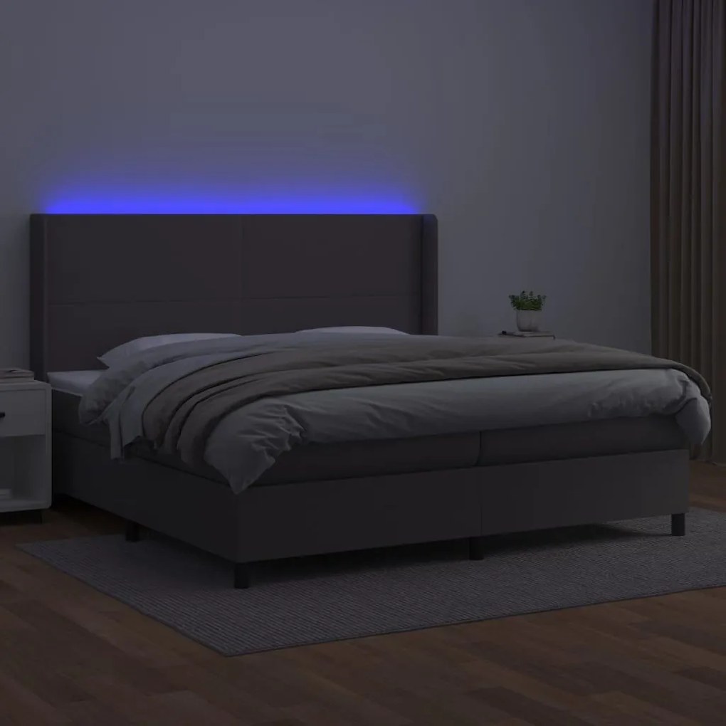 Κρεβάτι Boxspring με Στρώμα &amp; LED Γκρι 200x200 εκ. Συνθ. Δέρμα - Γκρι