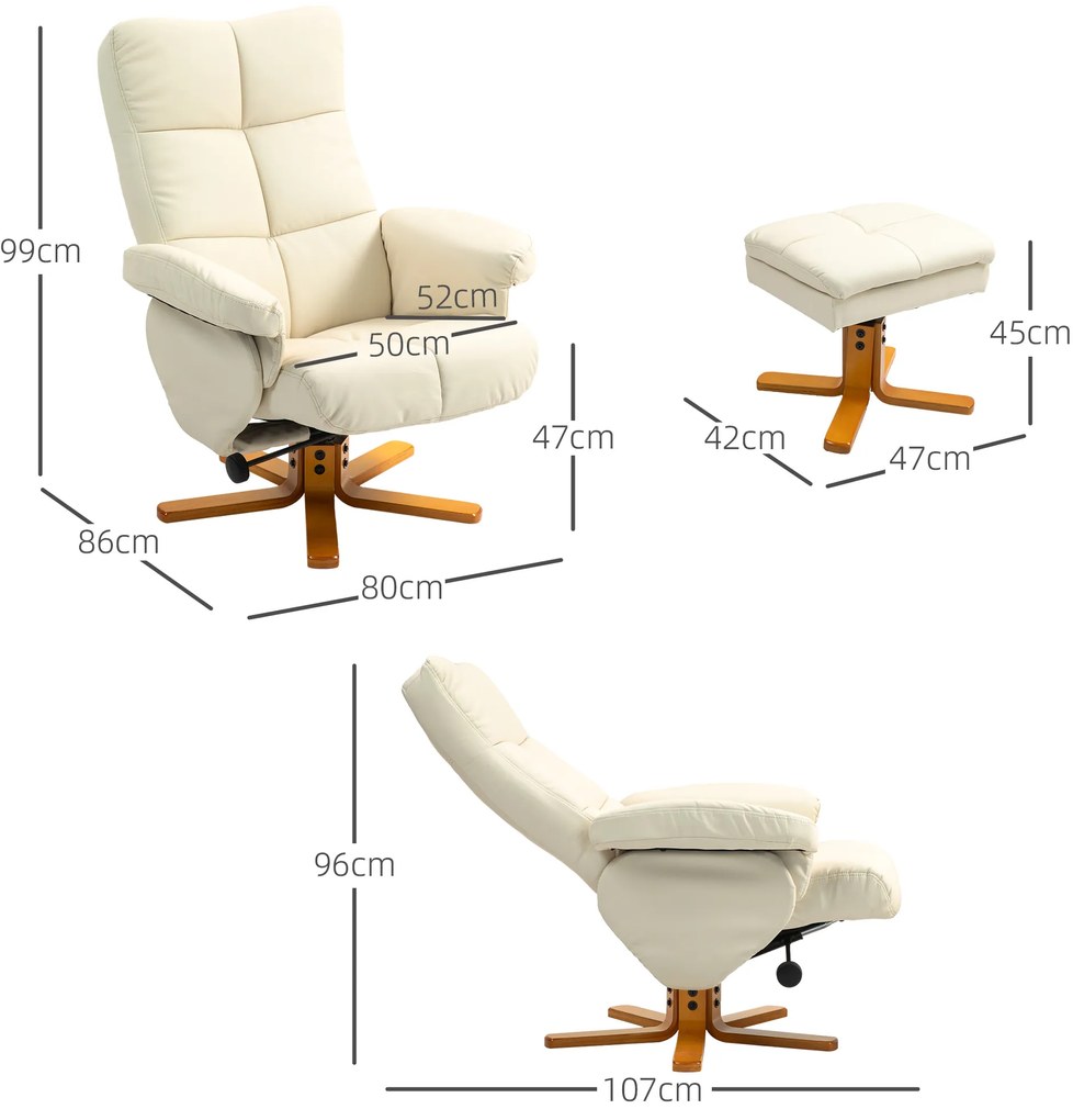 HOMCOM Πολυθρόνα Relax με υποπόδιο, πλάτη ρυθμιζόμενη 145°, περιστροφή 360°, τεχνητό δέρμα, Κρεμ λευκό