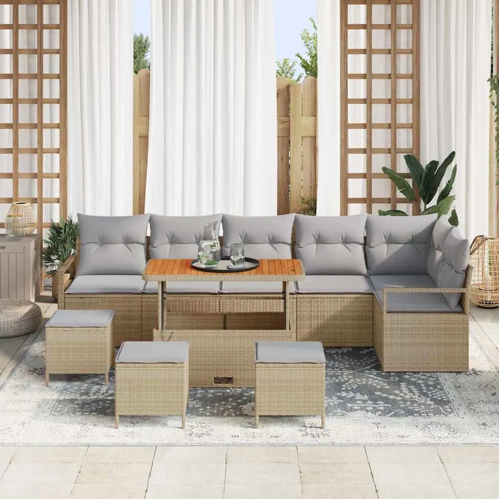 vidaXL Σετ Καναπέ Κήπου με μαξιλάρι 10 pcs Μπεζ Πολυ ράταν