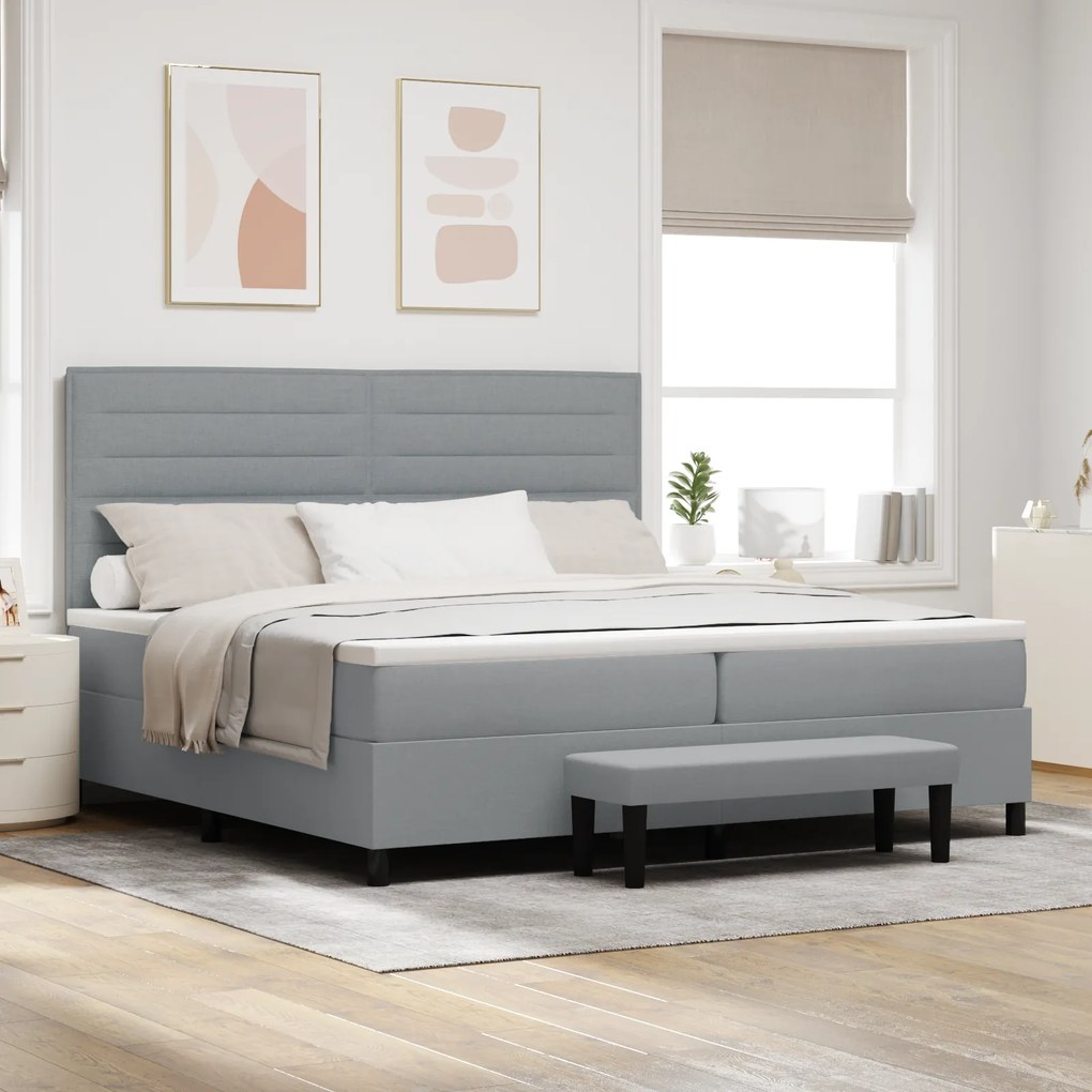 vidaXL Κρεβάτι Box Spring με Στρώμα & Πάγκο Ανοιχτό Γκρι 200x200 εκ. Ύφασμα