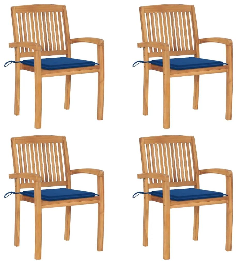 3073220 vidaXL Καρέκλες Κήπου Στοιβαζόμενες 4 τεμ. Μασίφ Ξύλο Teak &amp; Μαξιλάρια Μπλε, 1 Τεμάχιο