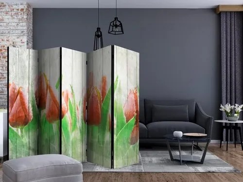 Διαχωριστικό με 5 τμήματα - Red tulips on wood II [Room Dividers]