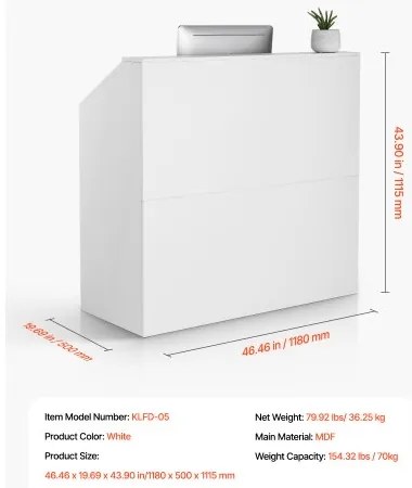 VEVOR Reception Desk Rectangular Front Counter Table 46.46 in White Office Table