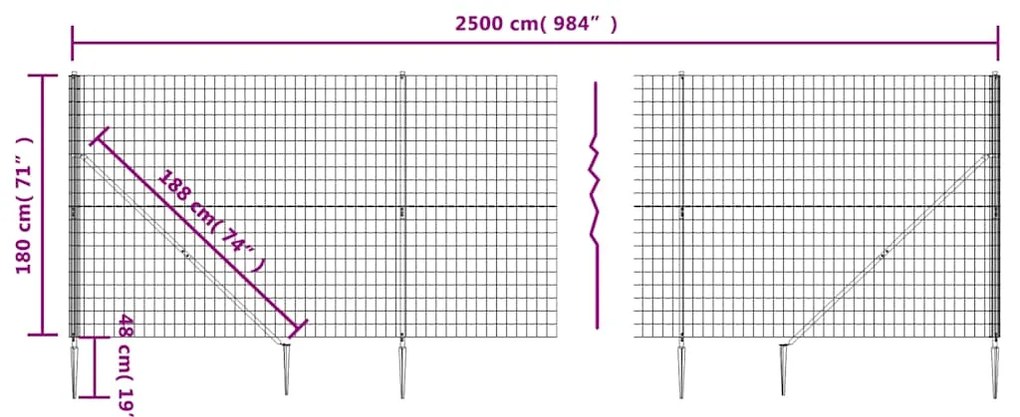 vidaXL Συρματόπλεγμα Περίφραξης Ανθρακί 1,8 x 25 μ. με Καρφωτές Βάσεις