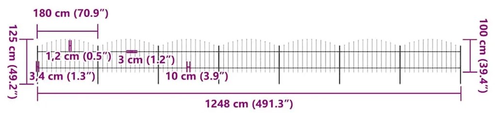 vidaXL Φράχτης Κήπου με Κορυφή Δόρυ Μαύρος Ατσάλινος 1248 x 125 εκ.