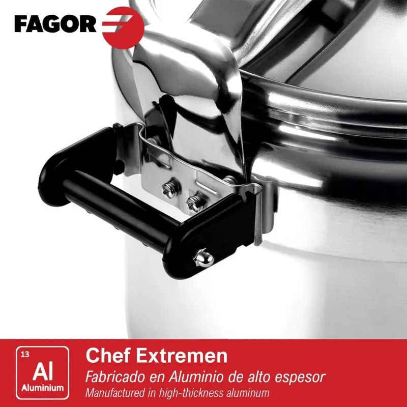 Χύτρα ταχύτητας Fagor Chef Extremen 100602653, 15 L, 30 cm, 50 kPa, 3 συστήματα ασφαλείας, Αλουμίνιο, Ασημί