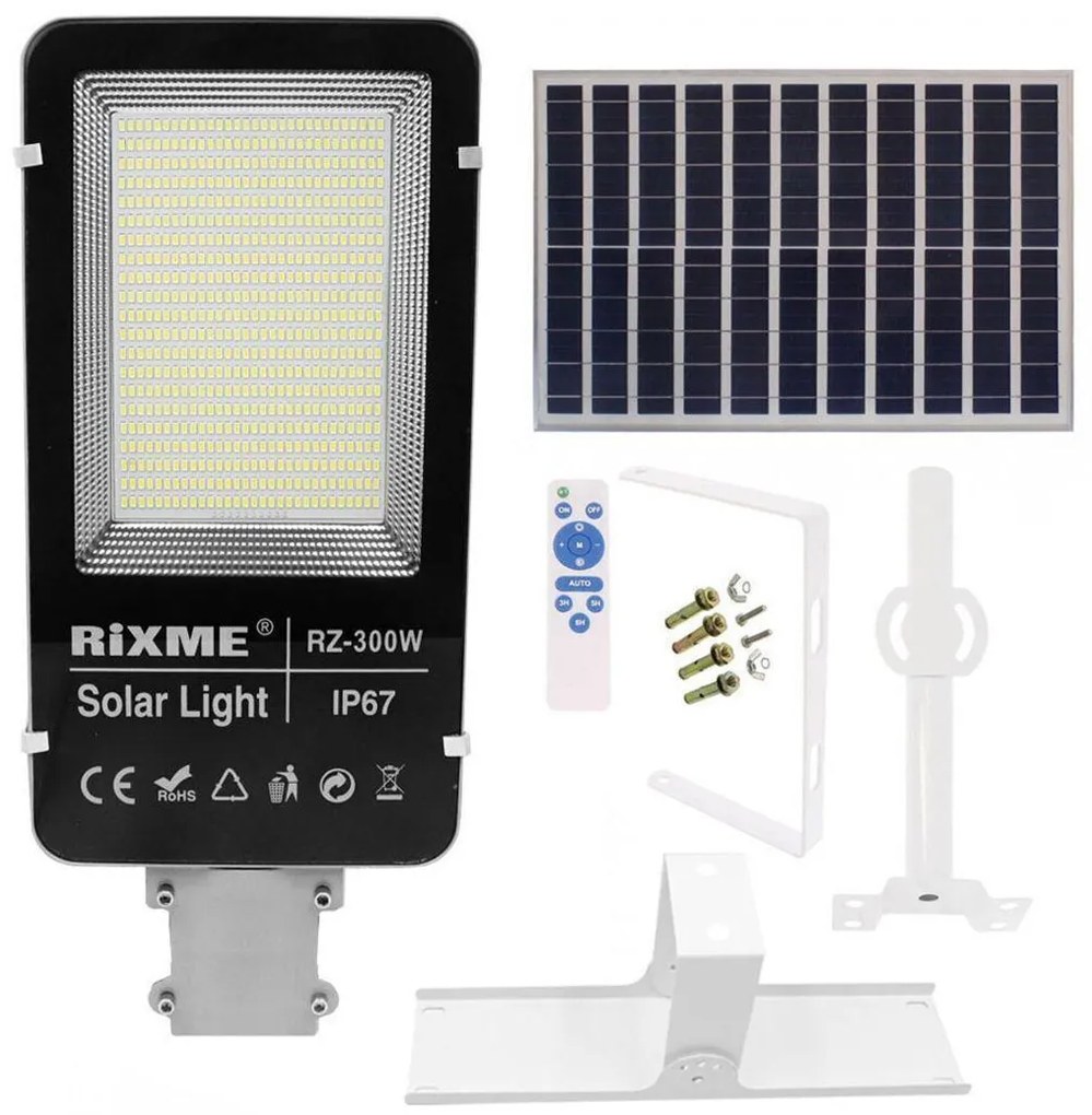 RiXME Ηλιακό Φωτιστικό Δρόμου 300W 50400lm με Αισθητήρα Κίνησης, Φωτοκύτταρο και Τηλεχειριστήριο RZ-300W