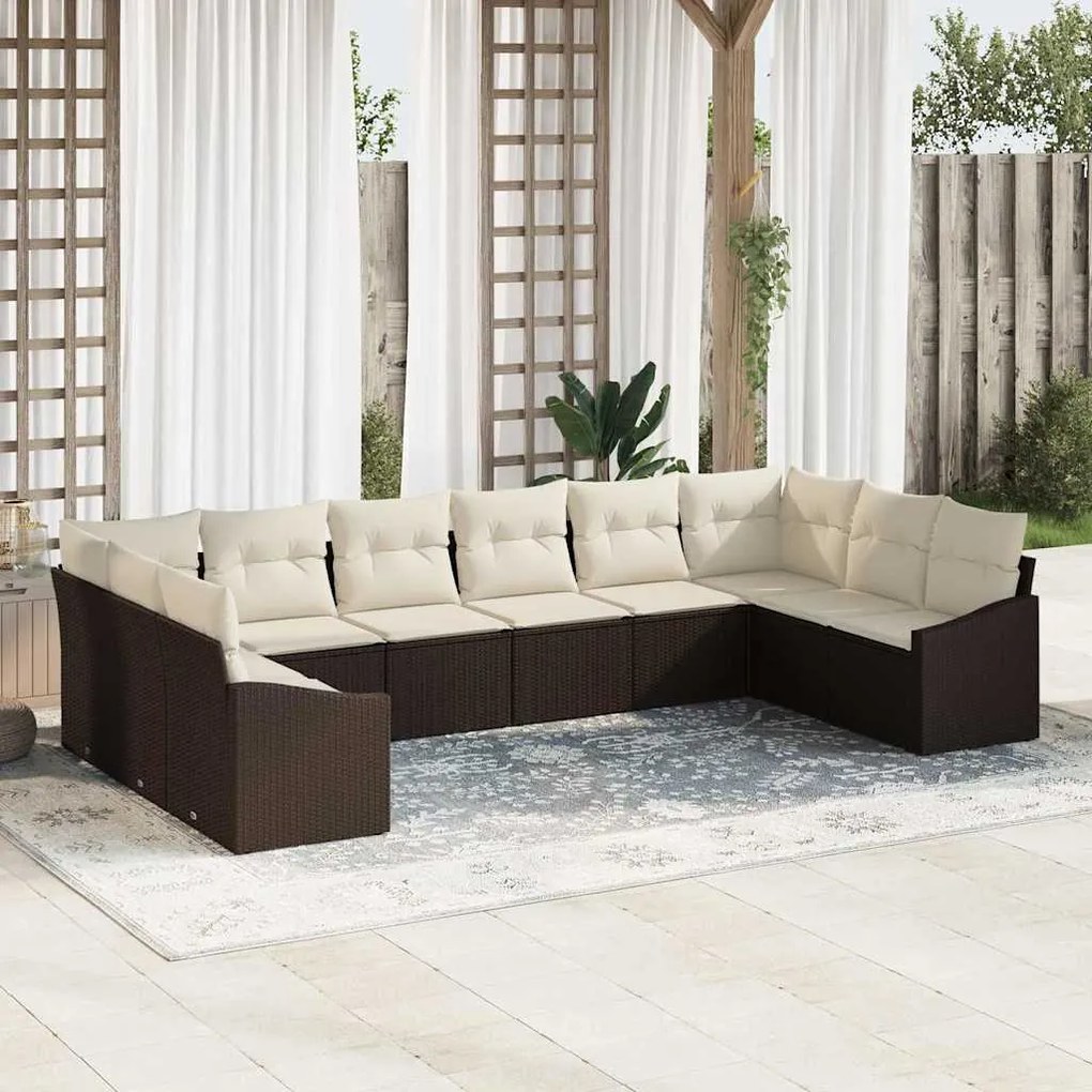 vidaXL Σέτ φαγητού για κήπο με μαξιλάρι 10 pcs Καφέ, Κρέμα