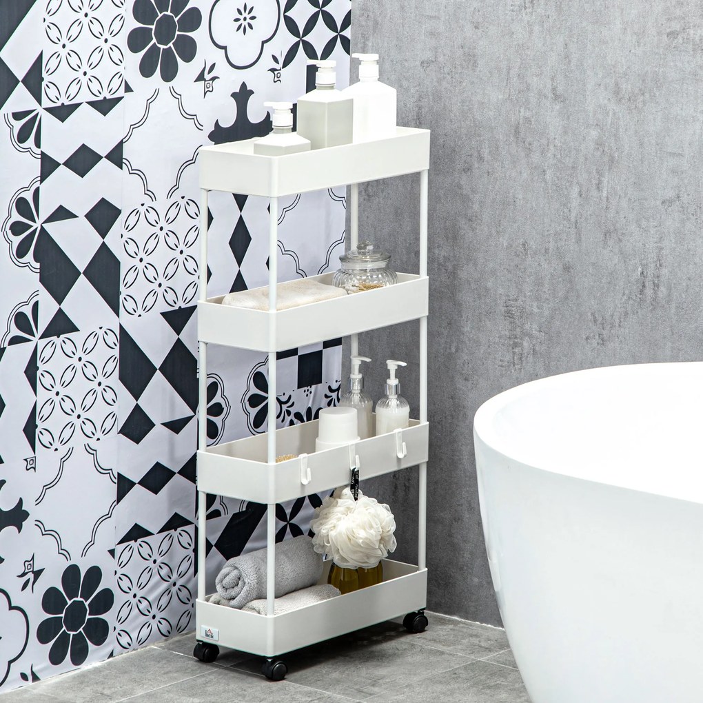 HOMCOM Τροχήλατο καρότσι κουζίνας με 4 ράφια, 4 ευέλικτες κρεμάστρες, 4 τροχούς, 40 cm x 19 cm x 90 cm, λευκό