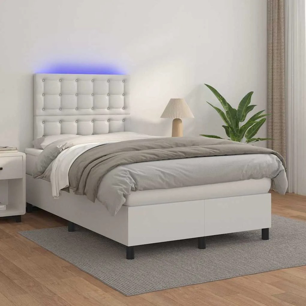 vidaXL Κρεβάτι Boxspring με Στρώμα & LED Λευκό 120x190 εκ. Συνθ. Δέρμα