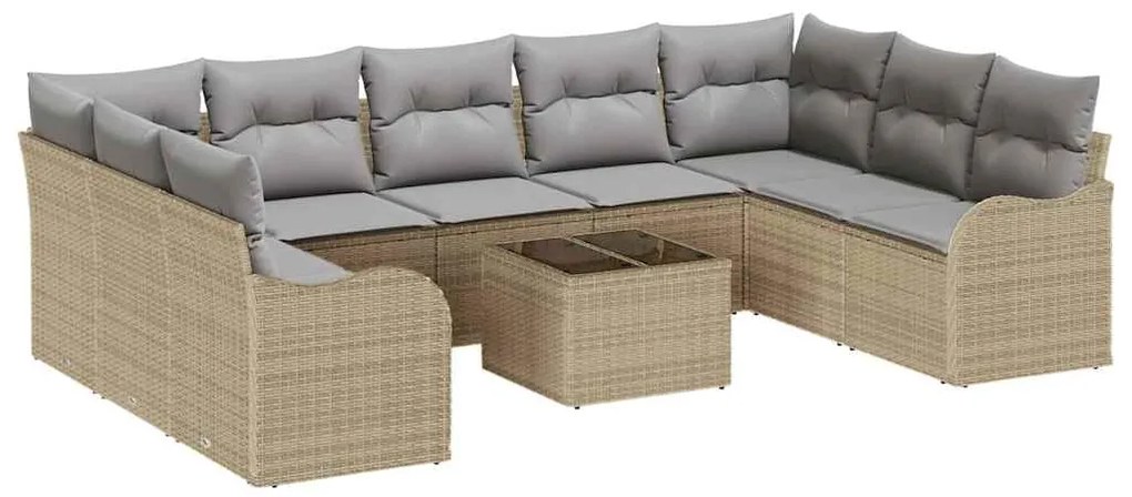 vidaXL Σετ Καναπέ Κήπου με μαξιλάρι 10 pcs Μπεζ Πολυ ράταν