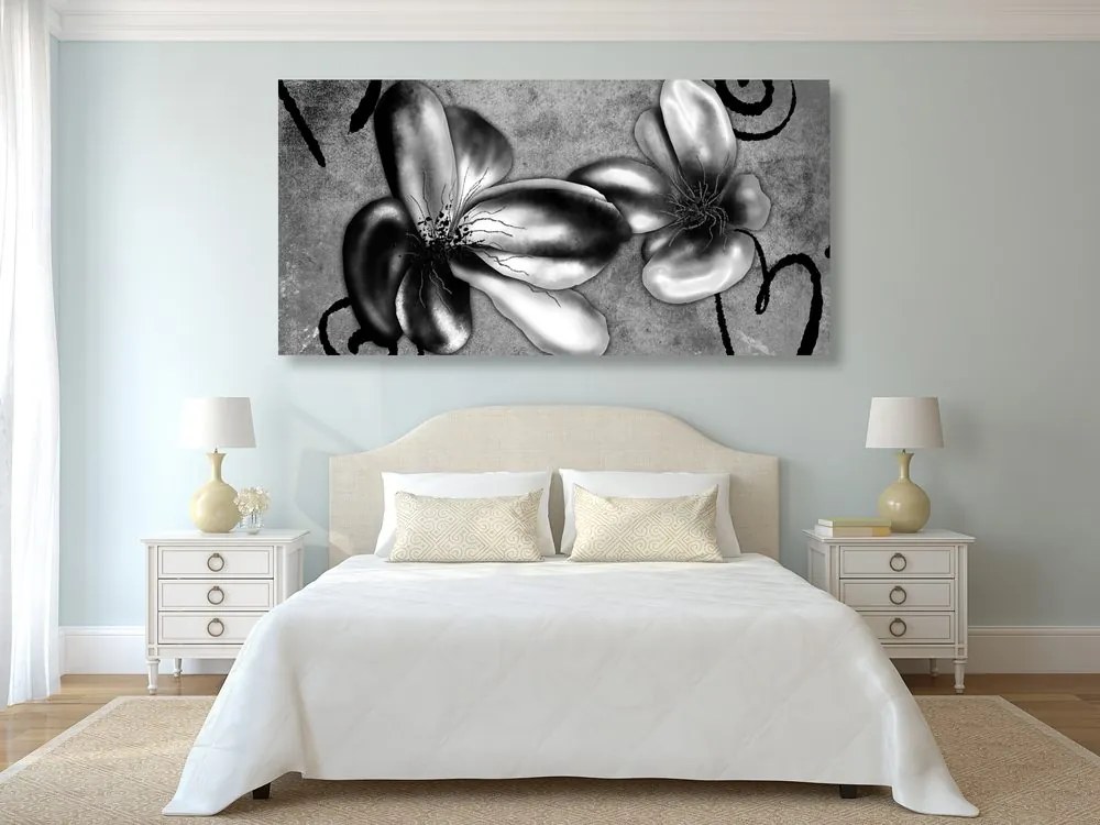 Εικόνα με ενδιαφέροντα vintage λουλούδια σε μαύρο & άσπρο - 100x50