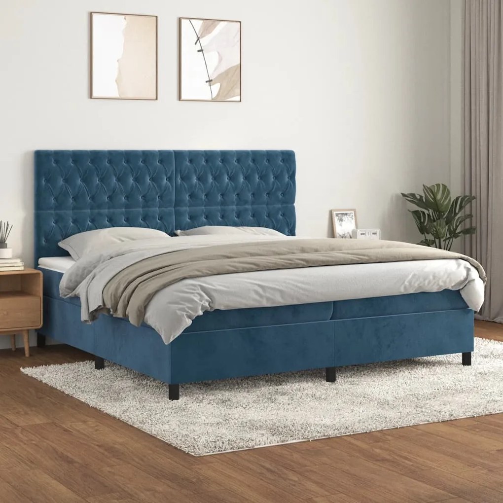 vidaXL Κρεβάτι Boxspring με Στρώμα Σκούρο Μπλε 200x200 εκ. Βελούδινο