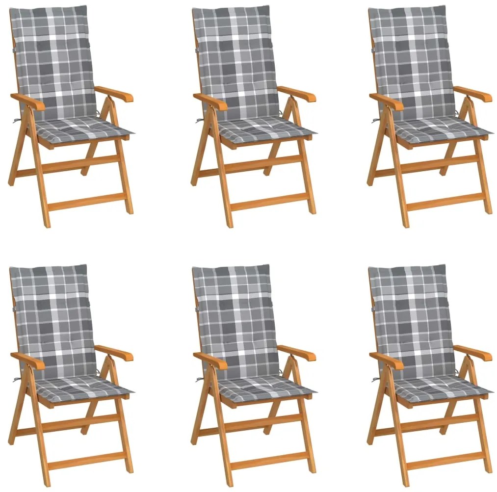 vidaXL Καρέκλες Κήπου 6 τεμ. από Μασίφ Ξύλο Teak &amp; Γκρι Καρό Μαξιλάρια