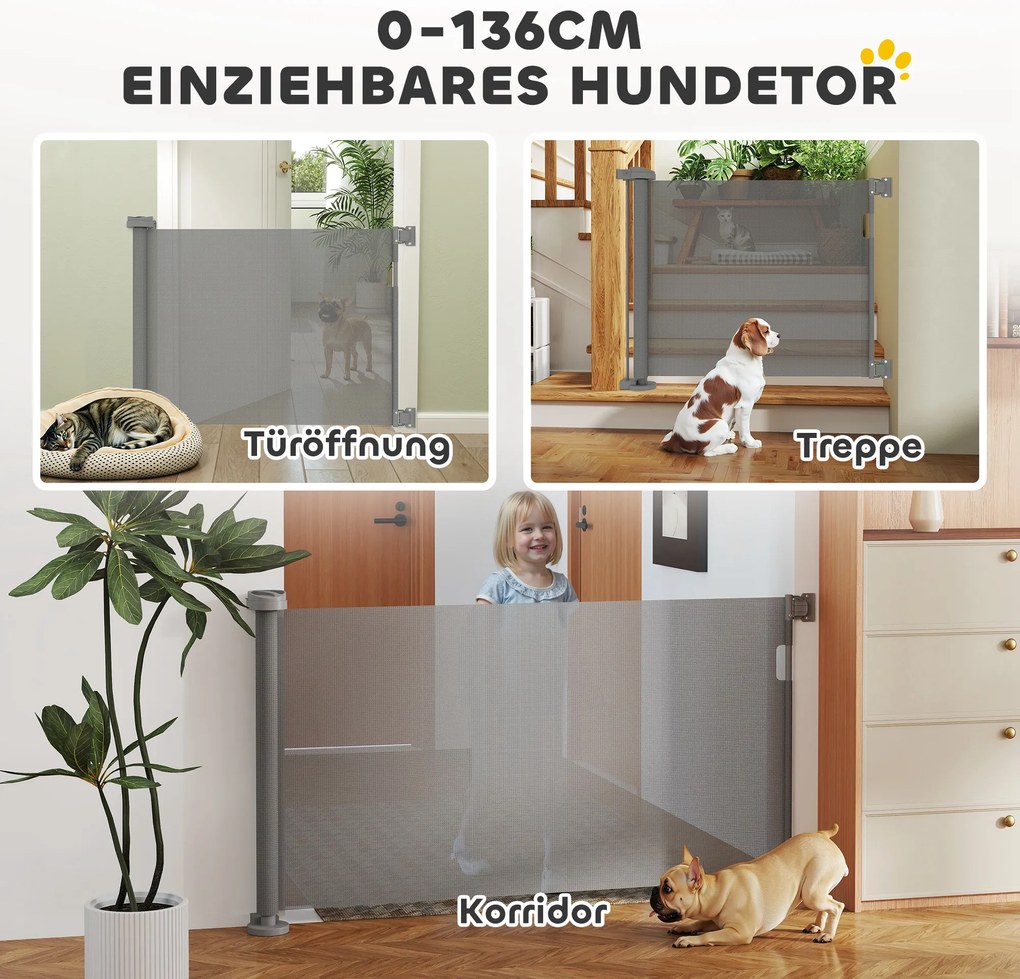 PawHut Πτυσσόμενη Πύλη Ασφαλείας για Σκάλες Επεκτεινόμενη 0-136cm Ύψος 87 cm Πύλη Πόρτας για Κατοικίδια 142 x 10 x 87 cm Γκρι