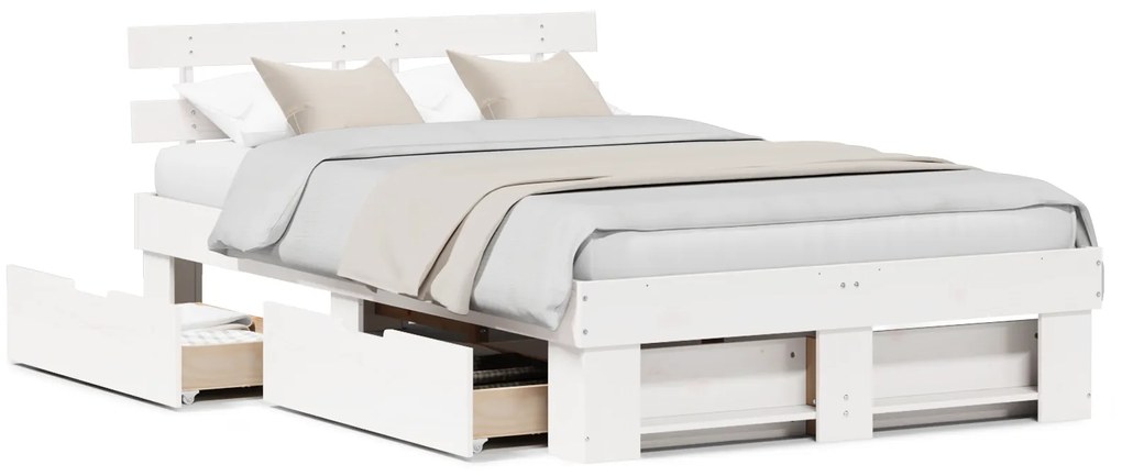 vidaXL Λευκό Κρεβάτι με Συρτάρια - 135x190 εκ. από Μασίφ Πεύκο