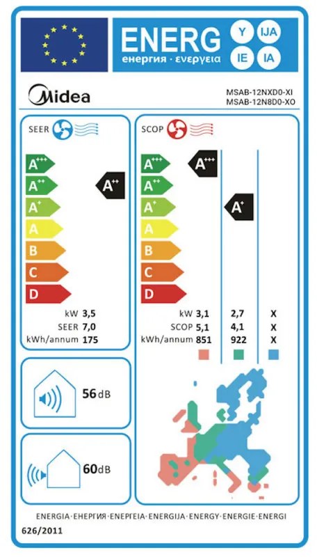 Κλιματιστικό inverter Midea Aurora MSAB-12NXD0-XI/MSAB-12N8D0-XO, 12000 BTU, A++, Έως 25 m2, Wi-Fi, Θερμοσίφωνα εξωτερικής μονάδας, Golden Fin, Wi-Fi, Λευκό