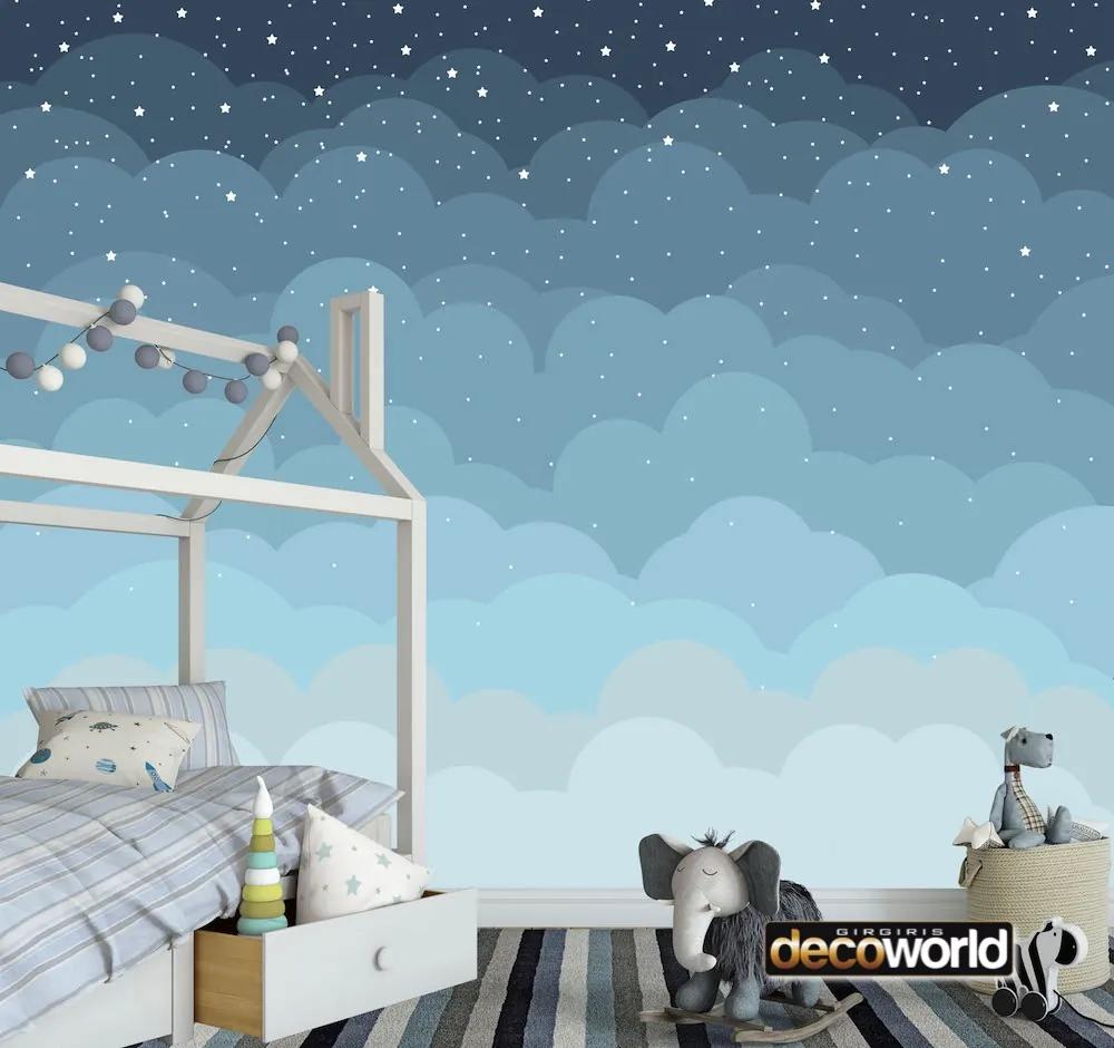 Παιδική ταπετσαρία τοίχου ετοίμων διαστάσεων με σύννεφα και αστέρια 08035Q 100cm x 150cm