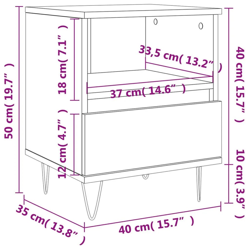 Κομοδίνα 2 τεμ. Καφέ Δρυς 40 x 35 x 50 εκ. από Επεξεργ. Ξύλο - Καφέ