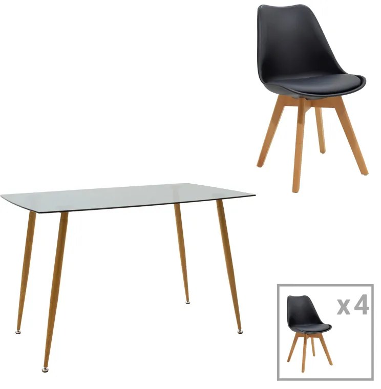 Τραπεζαρία Chloe -Gaston pakoworld σετ 5τεμ γυάλινο 8χιλ ανθρακί - πόδι φυσικό 120x70x75εκ