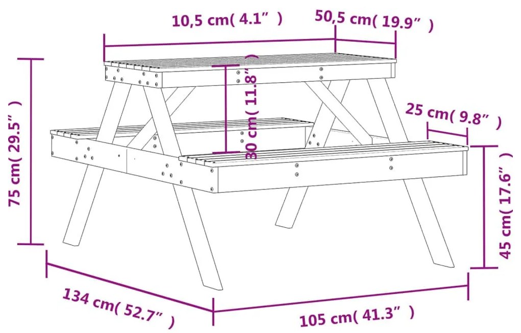 Τραπέζι Πικνίκ Λευκό 105 x 134 x 75 εκ. από Μασίφ Ξύλο Πεύκου - Λευκό