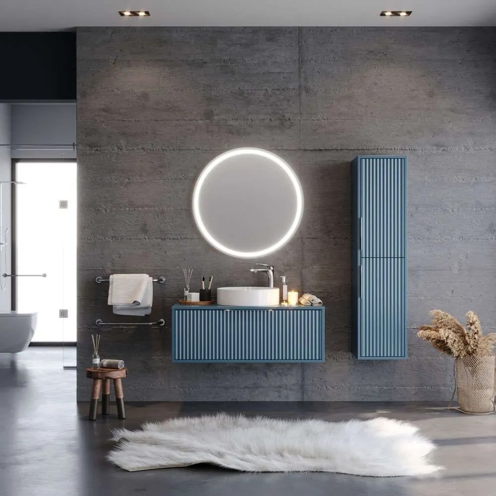 Έπιπλο Μπάνιου Πάγκος Με Νιπτήρα &amp; Καθρέπτη Led Hole 9SHOL100BLSM 101x50x37/Φ80cm Blue Porcelain,Mdf