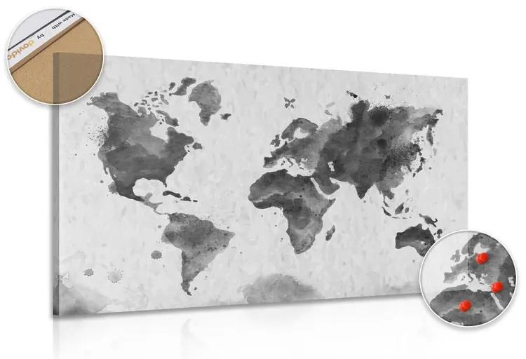 Εικόνα στον παγκόσμιο χάρτη φελλού σε ρετρό στυλ σε ασπρόμαυρο σχέδιο - 120x80  color mix