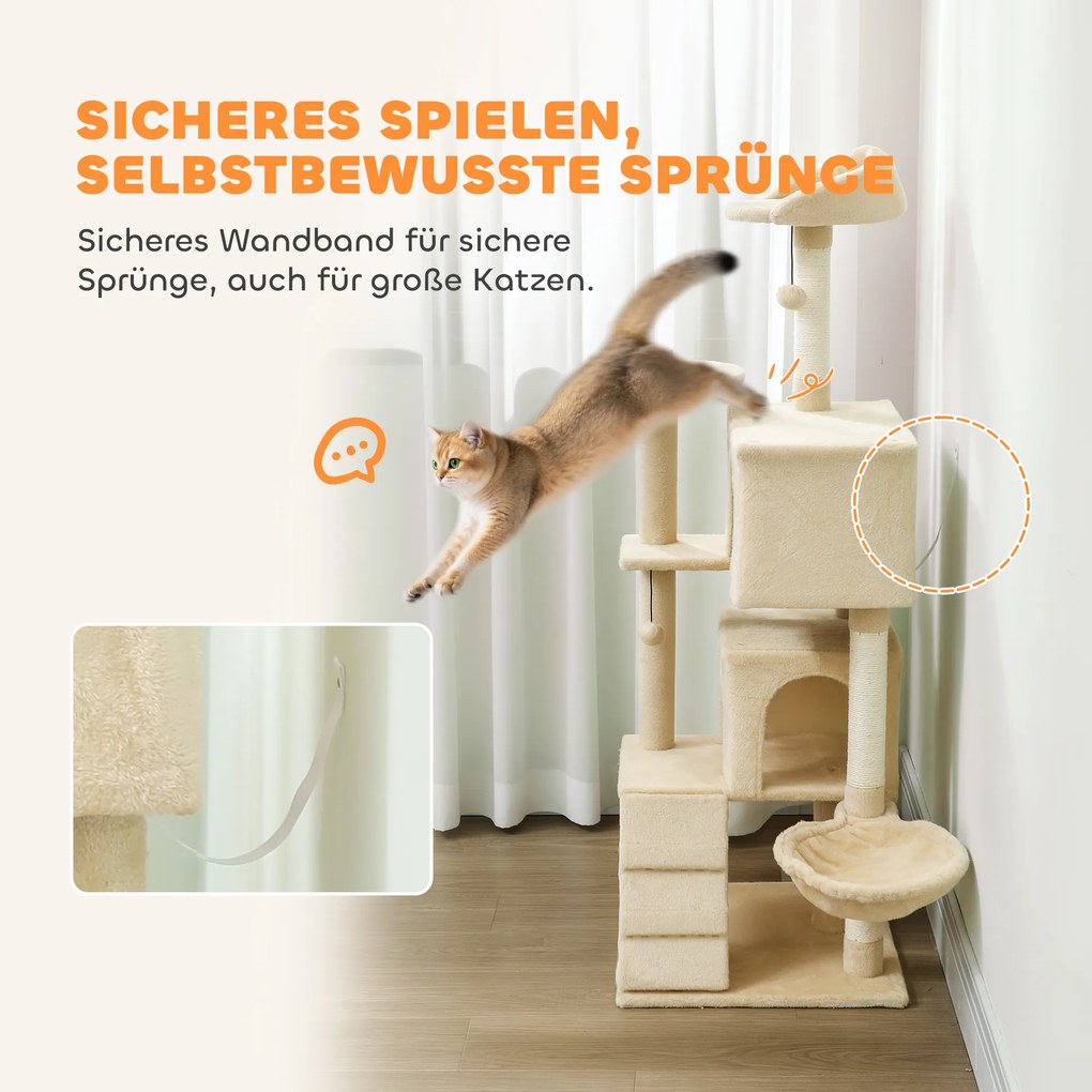 Δέντρο για γάτες 140 εκ. Πύργος για γάτες με αιώρα, σκάλα, σπηλιά, 2 μπάλες από βελούδο, στύλοι από σιζάλ, 48 x 48 x 140 εκ., Μπεζ