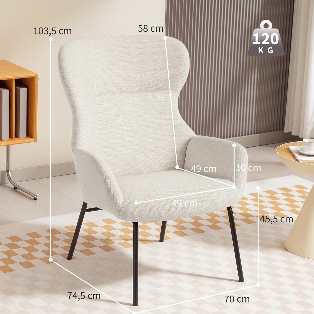 HOMCOM Μοντέρνα Πολυθρόνα Ear-Back, Ψηλή Πλάτη, Παχύ Μαξιλάρι, Ατσάλινα Πόδια, Κρεμ Λευκό
