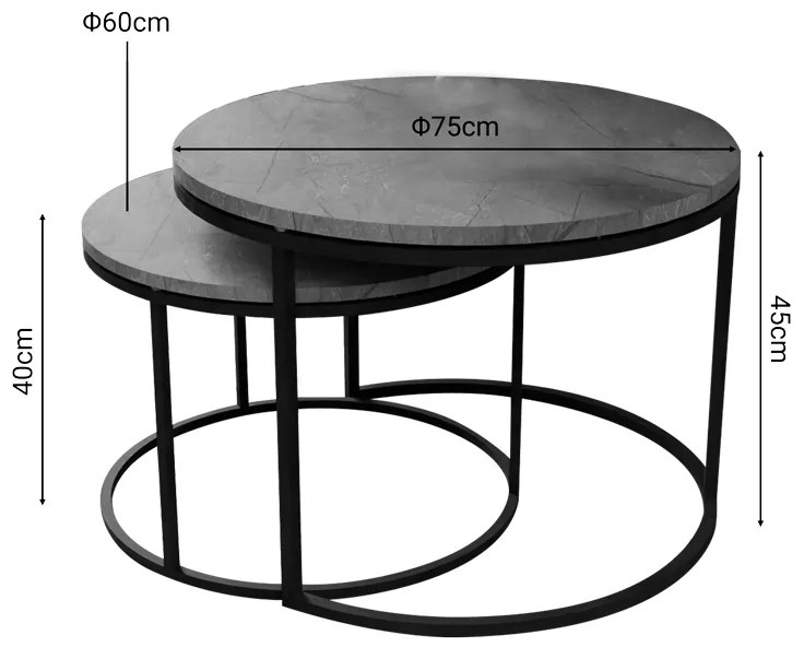 Τραπέζια σαλονιού Solme pakoworld σετ 2τεμ γκρι μαρμάρου μελαμίνης-μαύρο μέταλλο