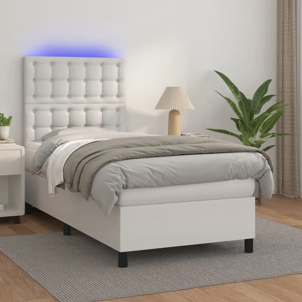 Κρεβάτι Boxspring με Στρώμα & LED Λευκό 90x190 εκ. Συνθ. Δέρμα