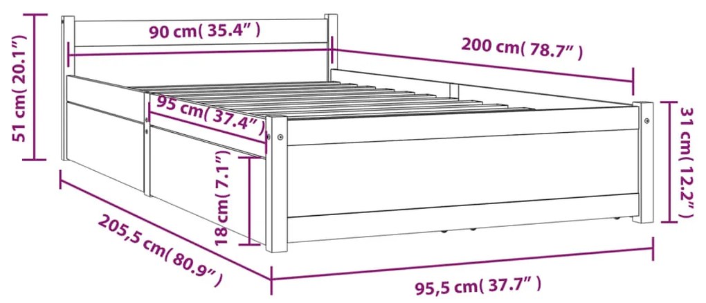 vidaXL Πλαίσιο Κρεβατιού με Συρτάρια Λευκό 90 x 200 εκ.