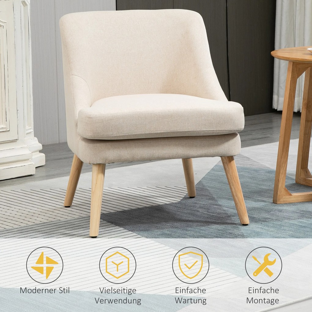 HOMCOM Πολυθρόνα Σαλόνι με όψη λινό, μπράτσα, Μαλακή πολυθρόνα Relax με ξύλινα πόδια, για σαλόνι, υπνοδωμάτιο, Κρεμ λευκό