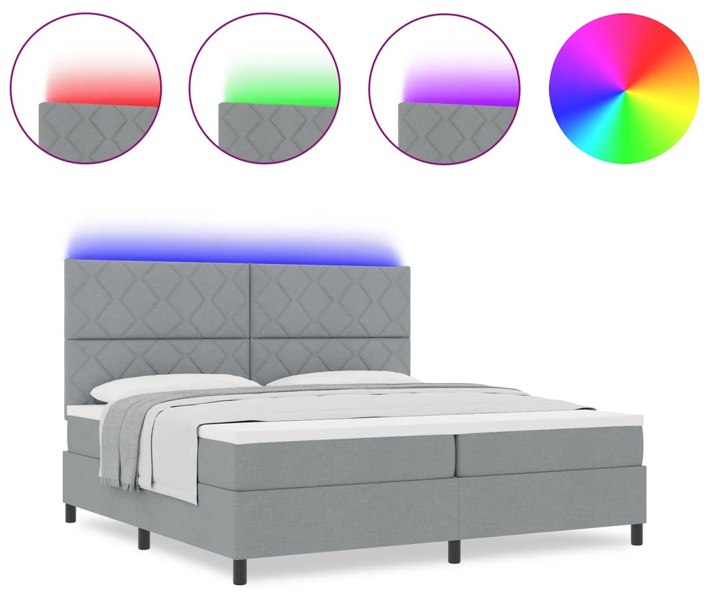vidaXL κρεβάτι με ελατήρια και στρώμα με LED φωτάκι, ανοιχτό γκρι, 200 x 200 εκ, υφασμάτινο