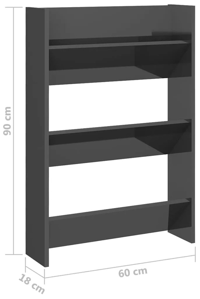 vidaXL Παπουτσοθήκη Τοίχου Γυαλ. Γκρι 60 x 18 x 90 εκ. Επεξ. Ξύλο