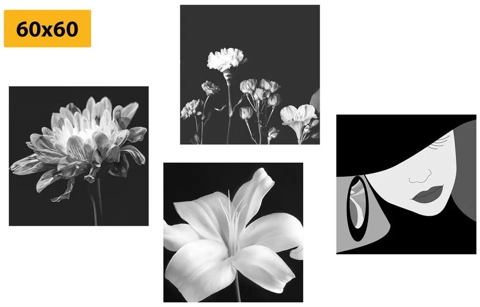 Σετ εικόνων κομψότητας γυναίκας και λουλουδιών σε ασπρόμαυρο σχέδιο