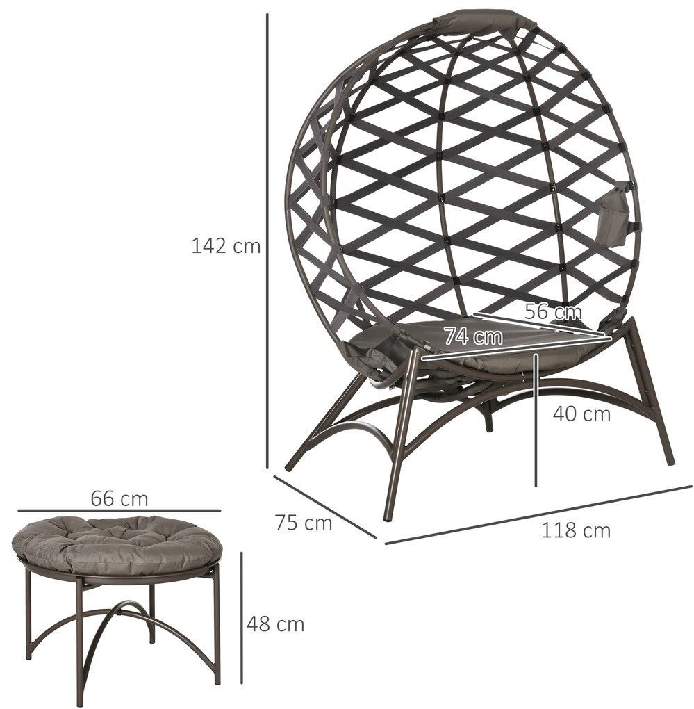 Σετ καρέκλες κήπου Outsunny, 2 τεμ., σκαμπό/βοηθητικό τραπέζι, μεγάλο μαξιλάρι καθίσματος, ατσάλινο πλαίσιο, χρώμα: άμμος, 118 x 75 x 142 εκ.