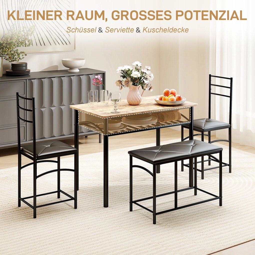 Σετ Τραπεζαρίας HOMCOM 4 τεμαχίων, Σετ Εξοικονόμησης Χώρου με Τραπέζι, 2 Καρέκλες και Πάγκο, για Μικρούς Χώρους, Μέταλλο, Ξύλο, Καφέ