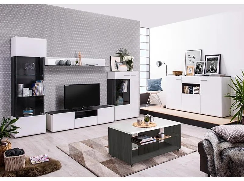 Βιτρίνα Enzo 1K VS Λευκό - Black Grey Wood - Λευκή Λάκα 58*35*190 εκ. 58x35x190 εκ.