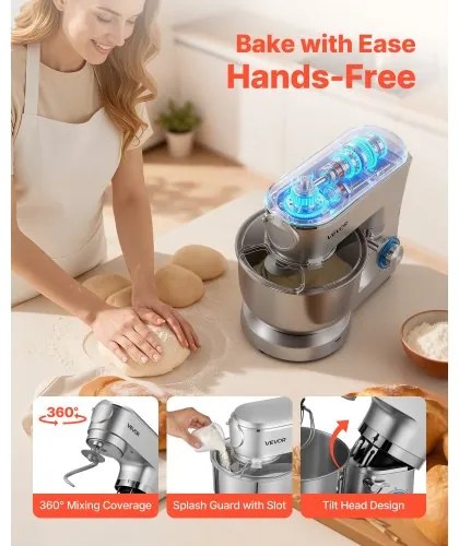 VEVOR Stand Mixer, 6 L Electric Kitchen Mixer, 1500W Dough-Mixer, 6+P Speeds Tilt-head Food-Mixer with 1.5 L Blender Cup, Stainless Steel Bowl, Dough Hook, Whisk, Beater, for Baking, Mixing, Silver