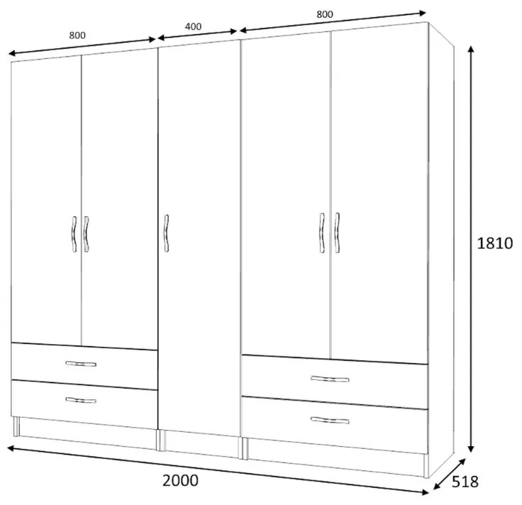 Ντουλάπα ρούχων Ricardo Megapap πεντάφυλλη με συρτάρια χρώμα φυσικό οξιάς 200x51,8x181εκ.