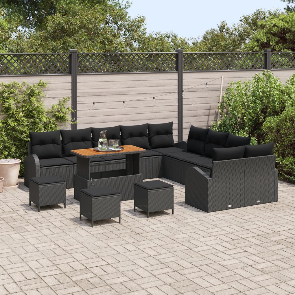 vidaXL Set Καναπέ Κήπου  14 Τεμαχίων με Μάξιλα Μαύρο Συνθετικό Ρατάν Ακακία
