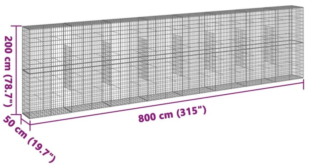 Συρματοκιβώτιο με Κάλυμμα 800x50x200εκ. από Γαλβανισμένο Χάλυβα - Ασήμι