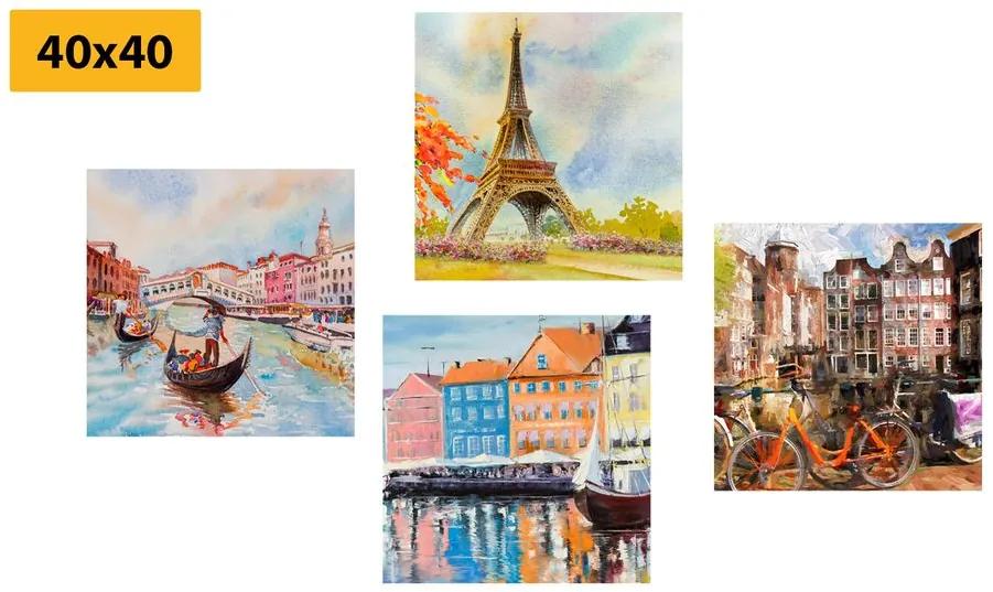 Σετ εικόνων ζωγραφισμένες πόλεις σε παστέλ χρώματα - 4x 40x40