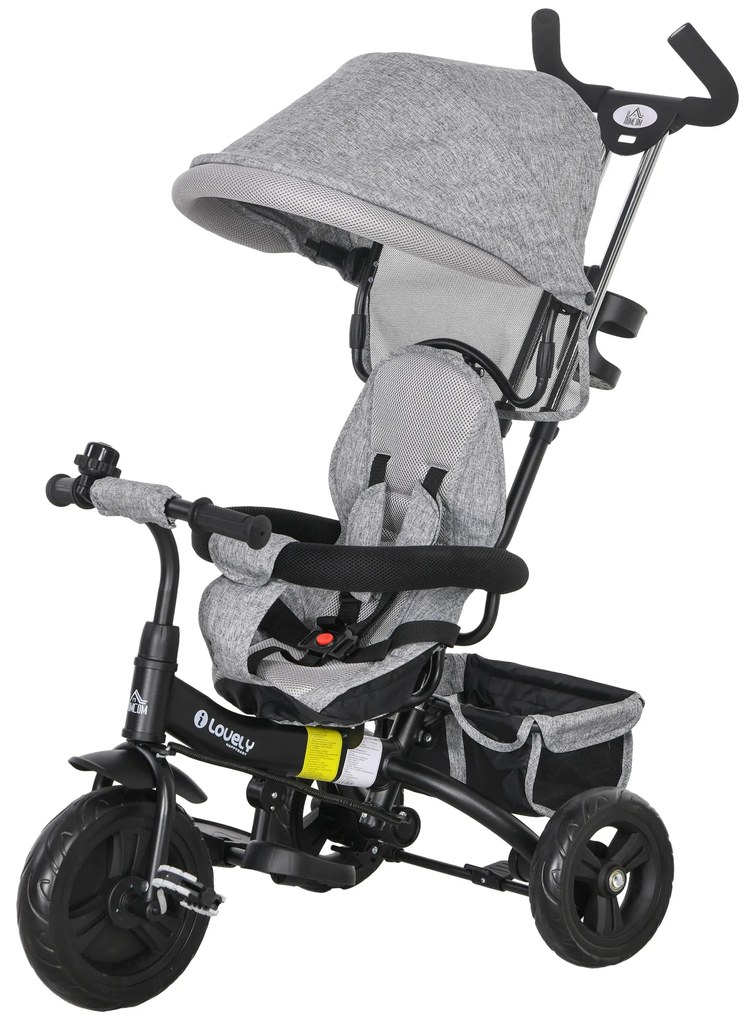 Παιδικό τρίκυκλο HOMCOM 6-σε-1 με ράβδο ώθησης, τέντα, ζώνη, καλάθι αποθήκευσης, για 1-5 ετών, Γκρι