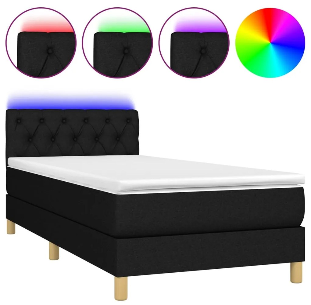 vidaXL Κρεβάτι Boxspring με Στρώμα & LED Μαύρο 80x200 εκ. Υφασμάτινο