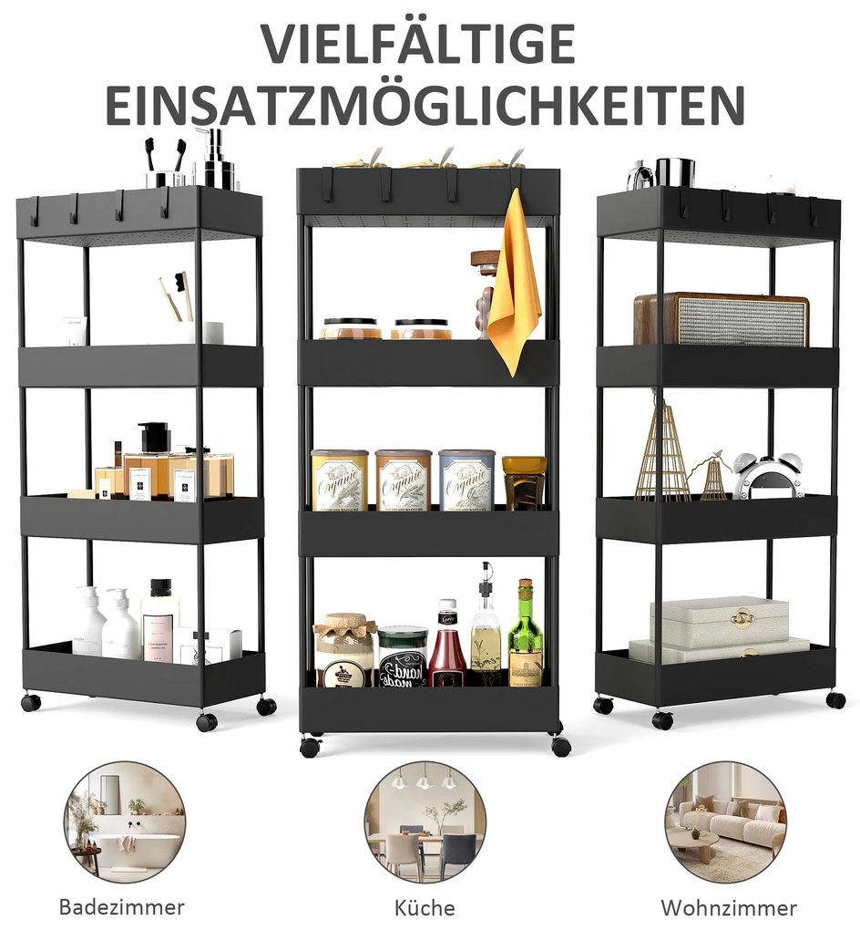 HOMCOM Τροχήλατο καρότσι κουζίνας με 4 ράφια, 4 εύκαμπτους γάντζους, 4 τροχούς, 40 cm x 19 cm x 90 cm, καρότσι για στενούς χώρους, Μαύρο